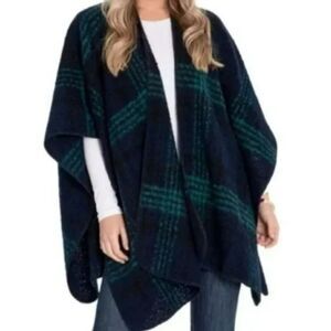 WOOLRICH Cozy Blanket Wrap Draped Stole Striped Blue Green One Size $60